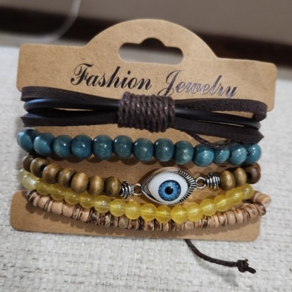 Nwt Unisex Multicolor Beaded & Leather Bracelet Set with Eye Charm